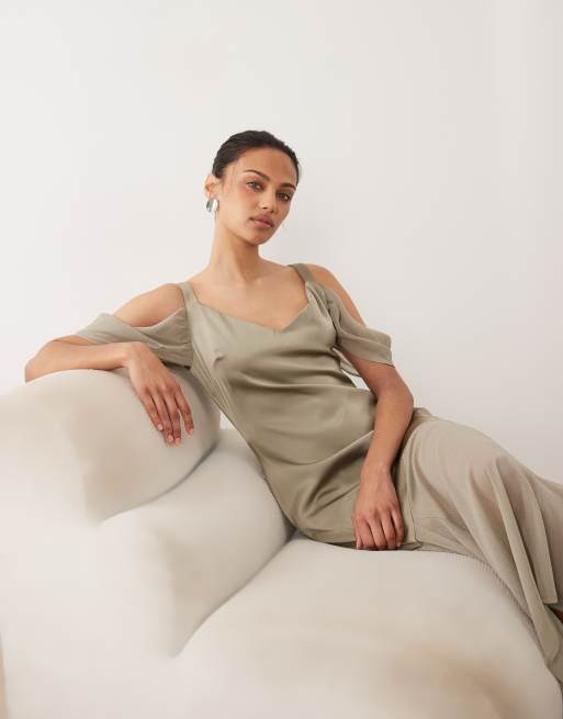 Pretty Lavish cold shoulder drop hem sheer maxi dress in taupe, 2 of 4