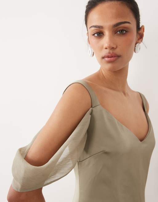 Pretty Lavish cold shoulder drop hem sheer maxi dress in taupe, 3 of 4