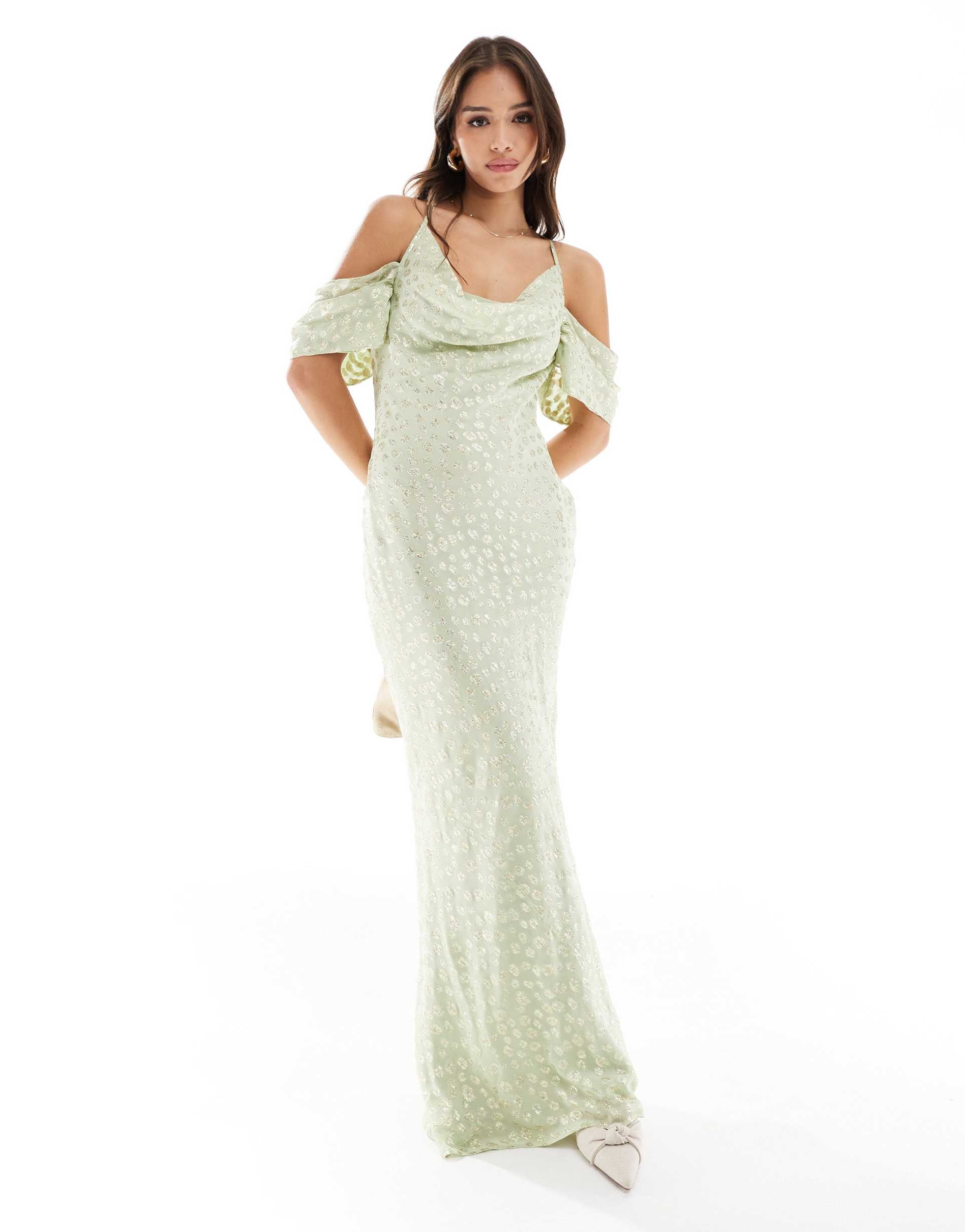 pretty lavish cold shoulder metallic maxi dress in green and gold