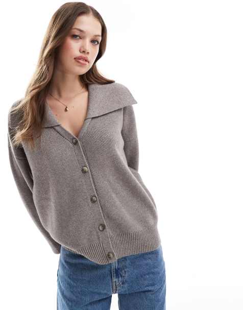 Pretty Lavish collar button knit cardigan in taupe - view 1