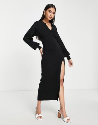 Pretty Lavish collared knit midi dress in black