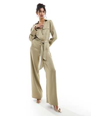 Pretty Lavish tie waist knitted wide leg jumpsuit in taupe