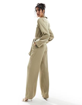 Pretty Lavish collared satin utility jumpsuit in grey taupe