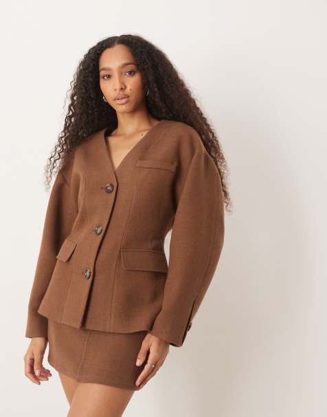 Pretty Lavish collarless cinched tailored jacket co-ord in brown - view 1