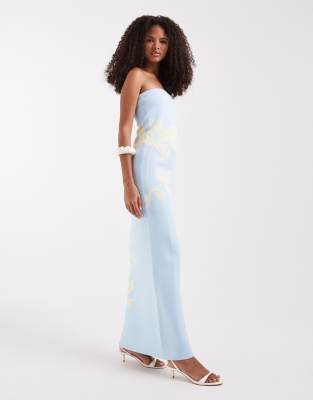 Pretty Lavish compact knit bandeau maxi dress in blue and yellow floral