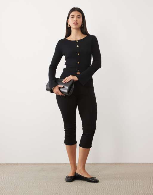 Pretty Lavish compact knit gold button down long sleeve top in black, 2 of 4