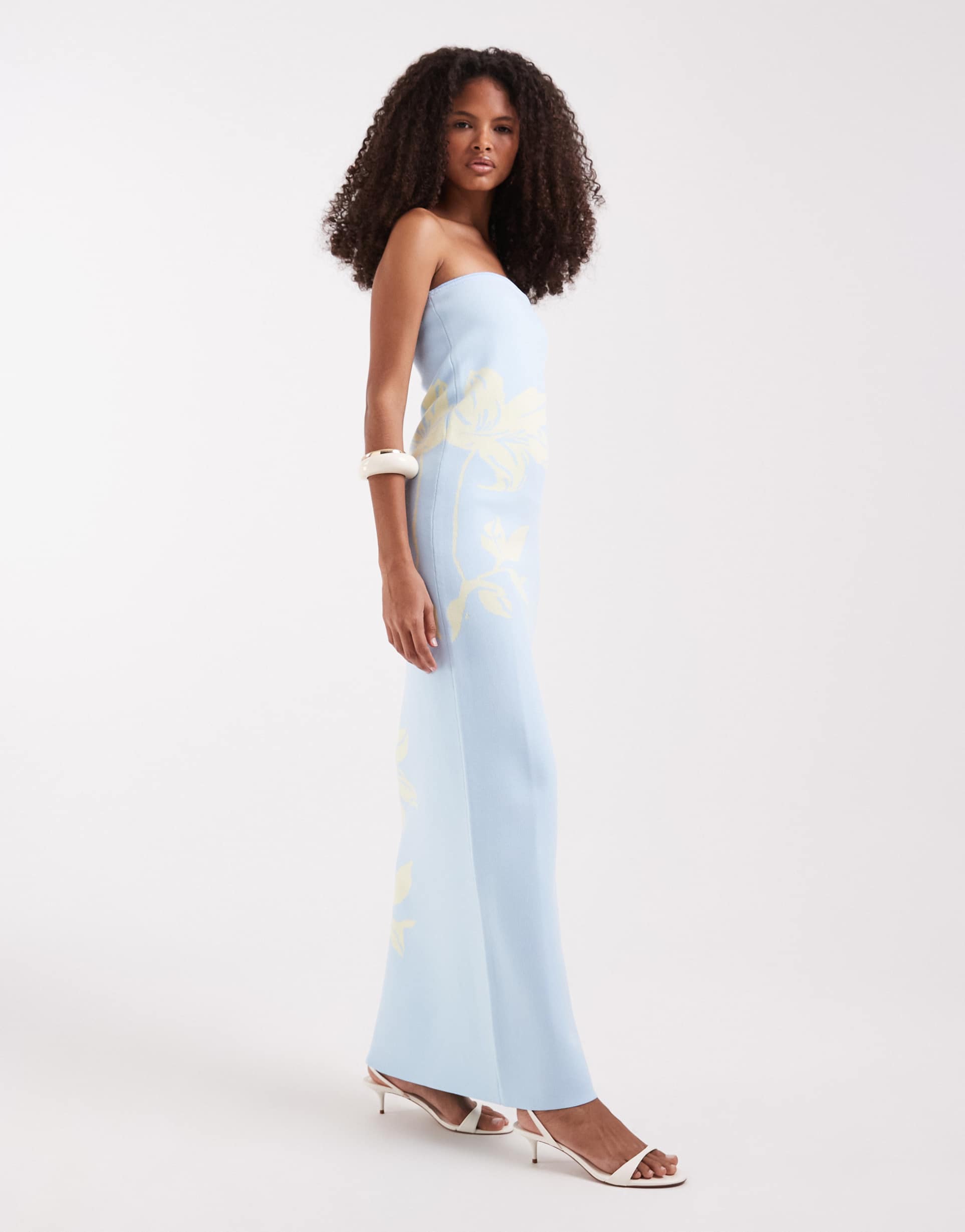 pretty lavish compact knit strapless maxi dress in blue and yellow floral