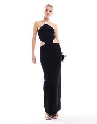 contrast binding knit midaxi dress in black and cream-White