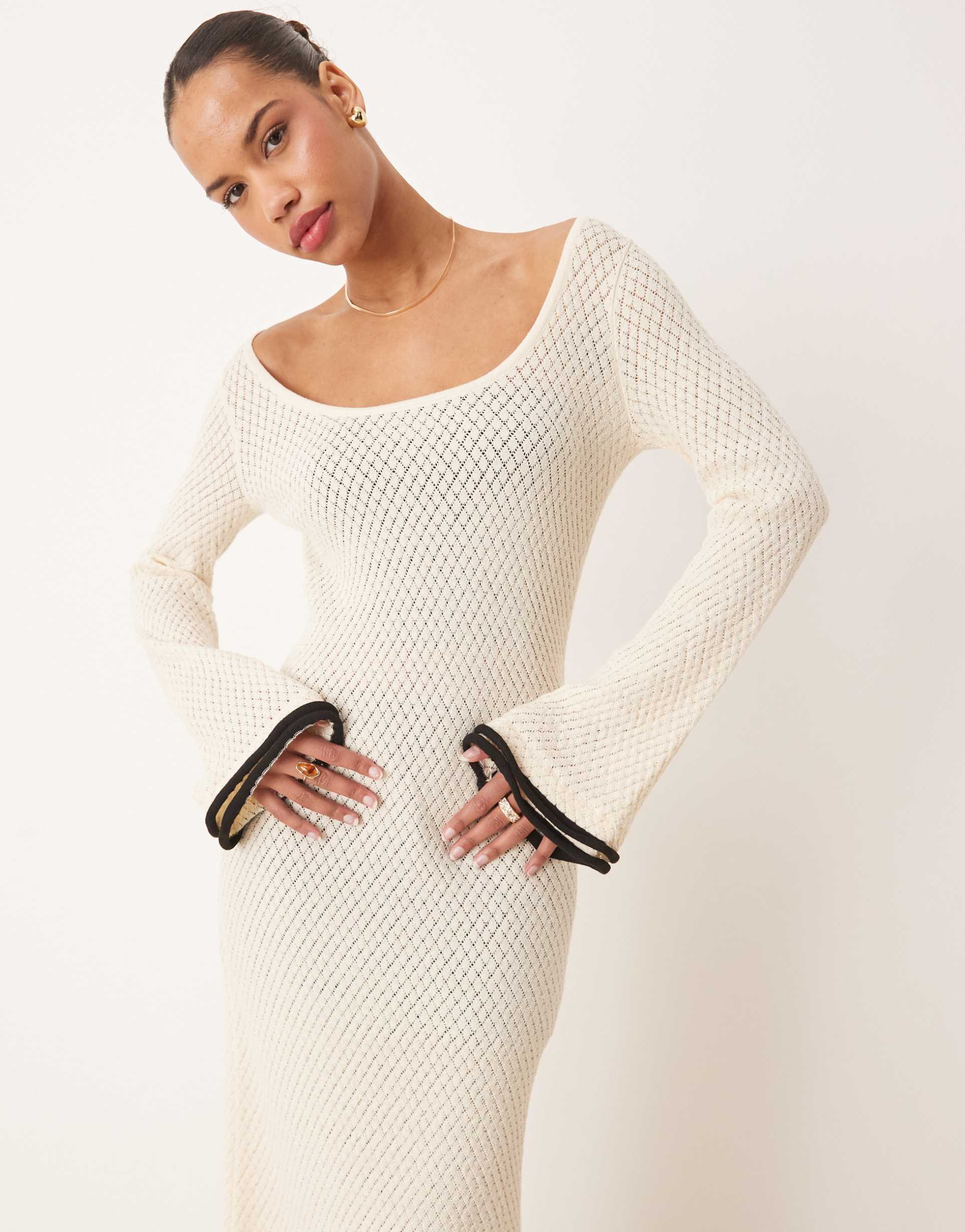 pretty lavish contrast frill sleeve knit maxi dress in cream