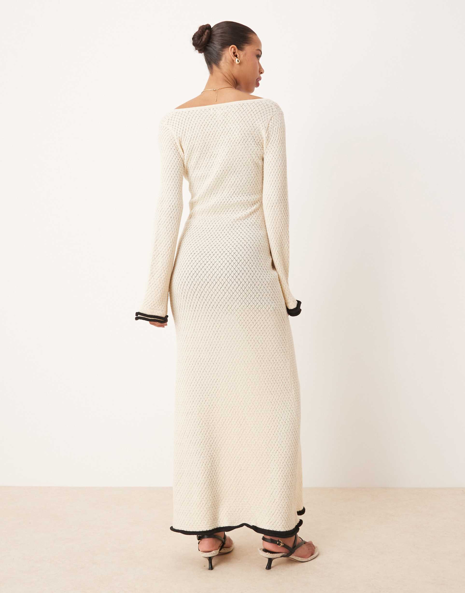 pretty lavish contrast frill sleeve knit maxi dress in cream