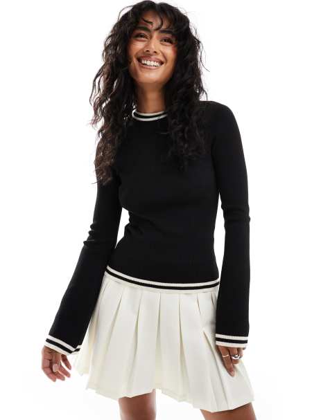 Pretty Lavish contrast knit longsleeve top in black and white - view 1