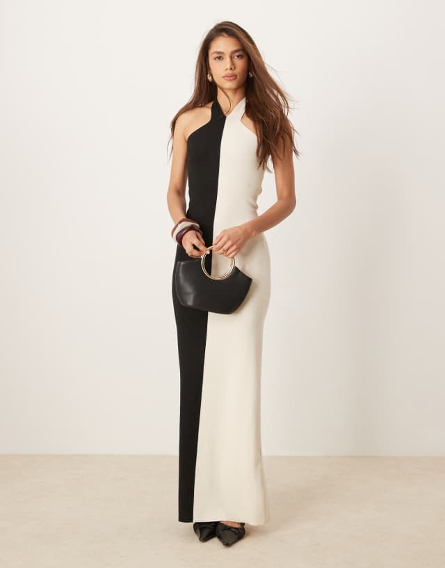 black and white knit maxi dress Pretty Lavish contrast in cream Bows