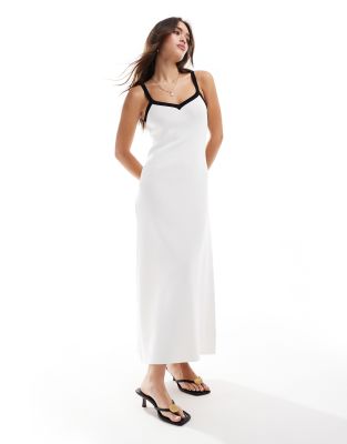 contrast knit midaxi slip dress in cream-Black