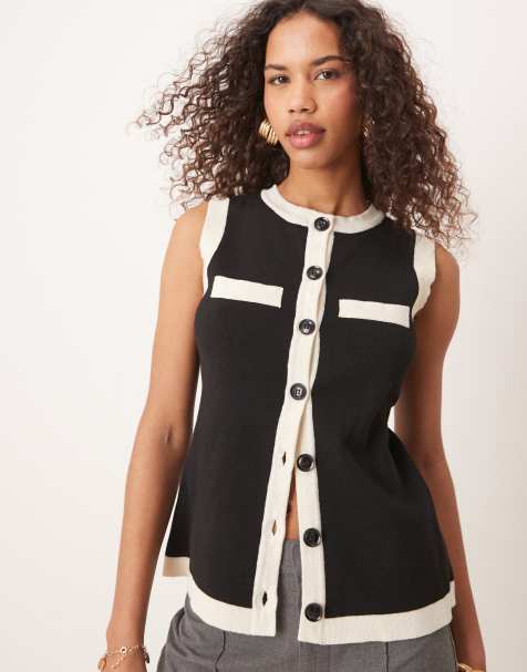 Pretty Lavish contrast knit vest in black & cream - view 1