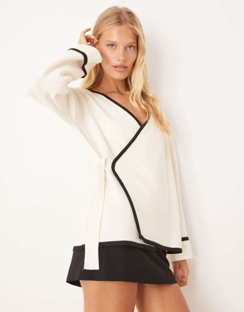 Pretty Lavish contrast tipping knit cardigan in cream - view 1
