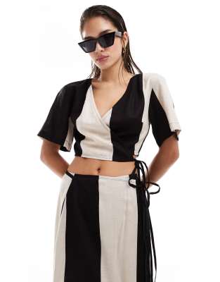 Pretty Lavish Contrast Wrap Crop Top In Monochrome - Part Of A Set-multi