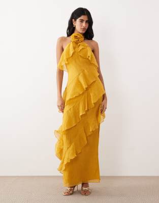 Pretty Lavish corsage halter neck asymmetric tiered ruffle maxi dress in yellow ochre - YELLOW