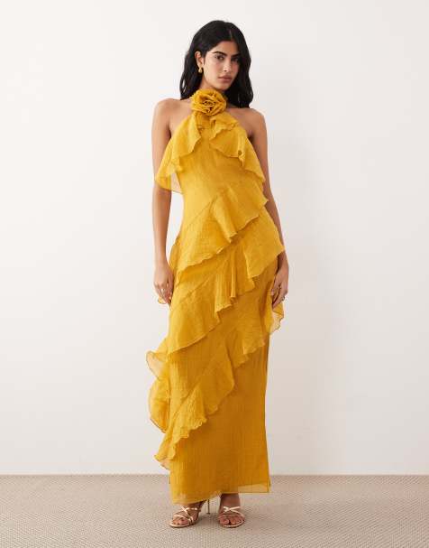 Pretty Lavish corsage halterneck asymmetric tiered ruffled maxi dress in yellow ocher - view 1