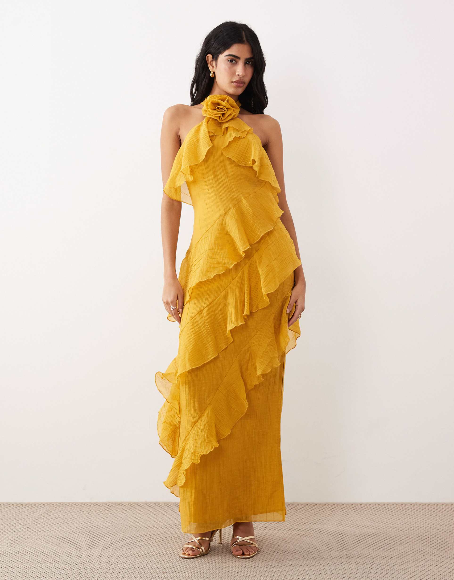 pretty lavish corsage halterneck asymmetric tiered ruffled maxi dress in yellow ocher