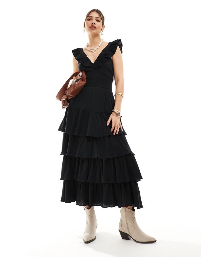 Pretty Lavish - cotton blend ruffle midaxi dress in black