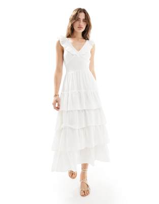 cotton blend ruffle midaxi dress in cream-White