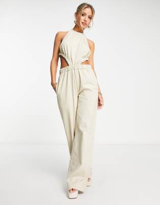 Pretty Lavish cotton cut out jumpsuit in beige - ASOS Price Checker