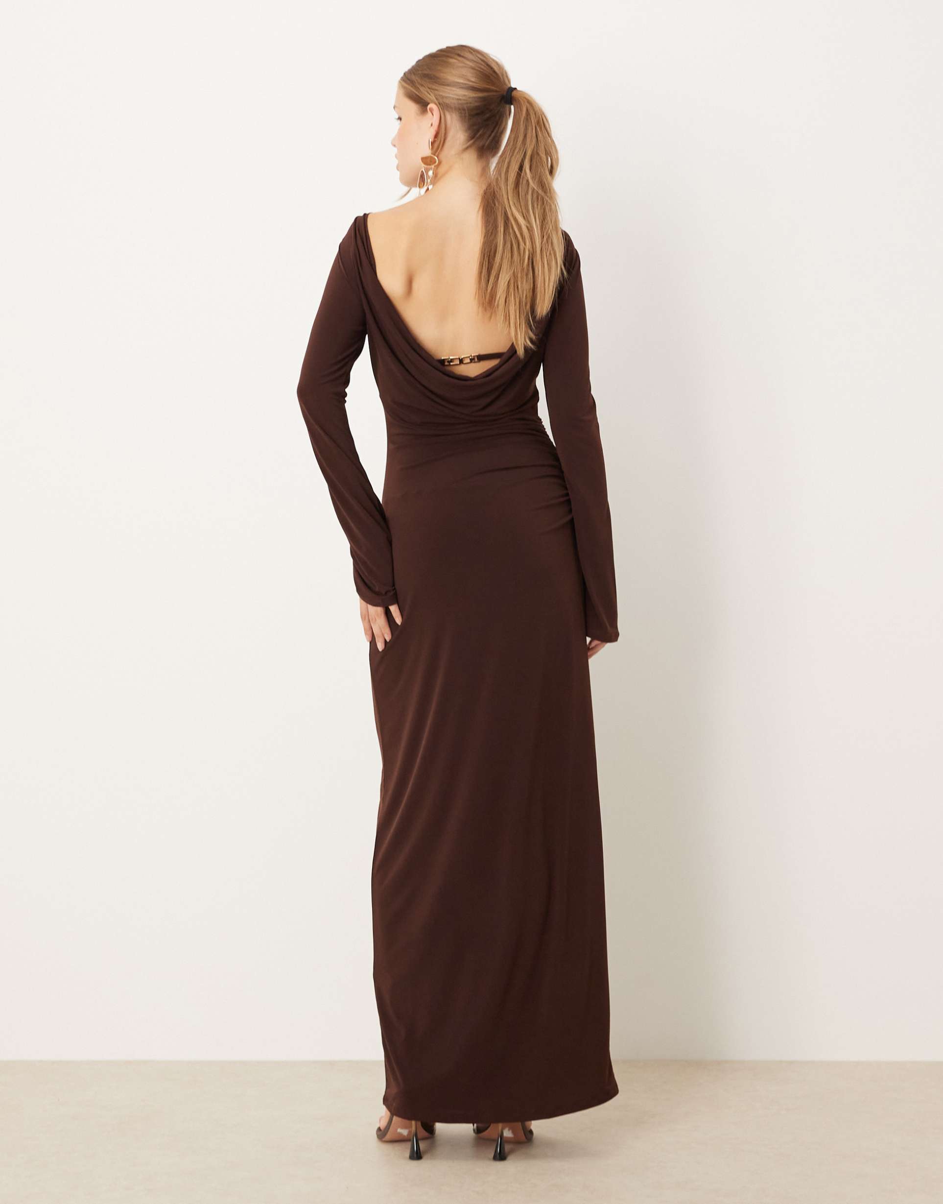 pretty lavish cowl back jersey maxi dress in brown
