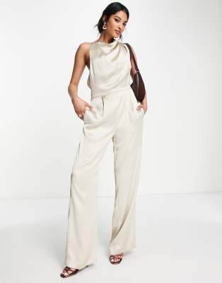 オールインワン・サロペット BEIGE COWL NECK JUMPSUIT gold-sequin-cowl-neck-