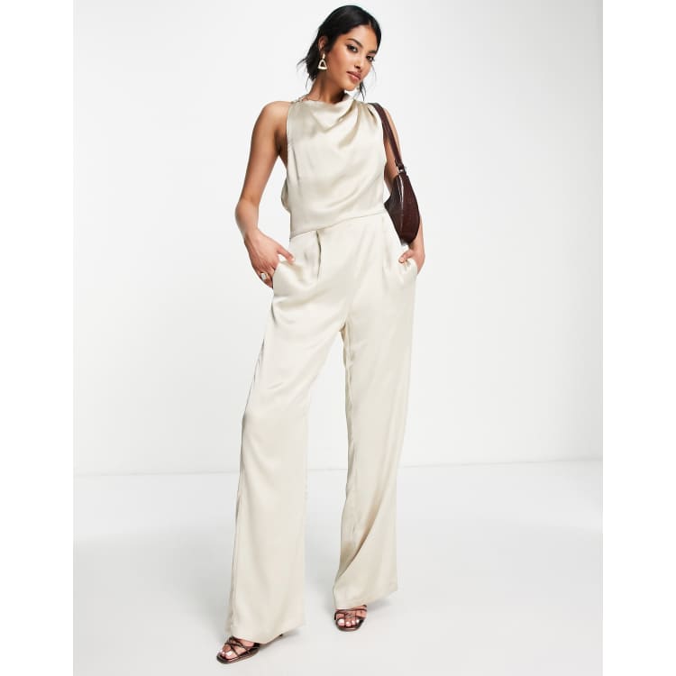 Khaki Satin Cowl Cross Back Jumpsuit