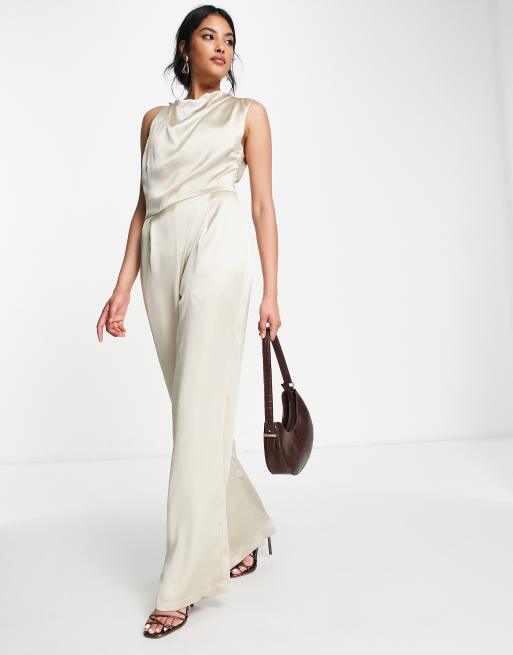 Pretty Lavish cowl neck asymmetric back jumpsuit in taupe ASOS