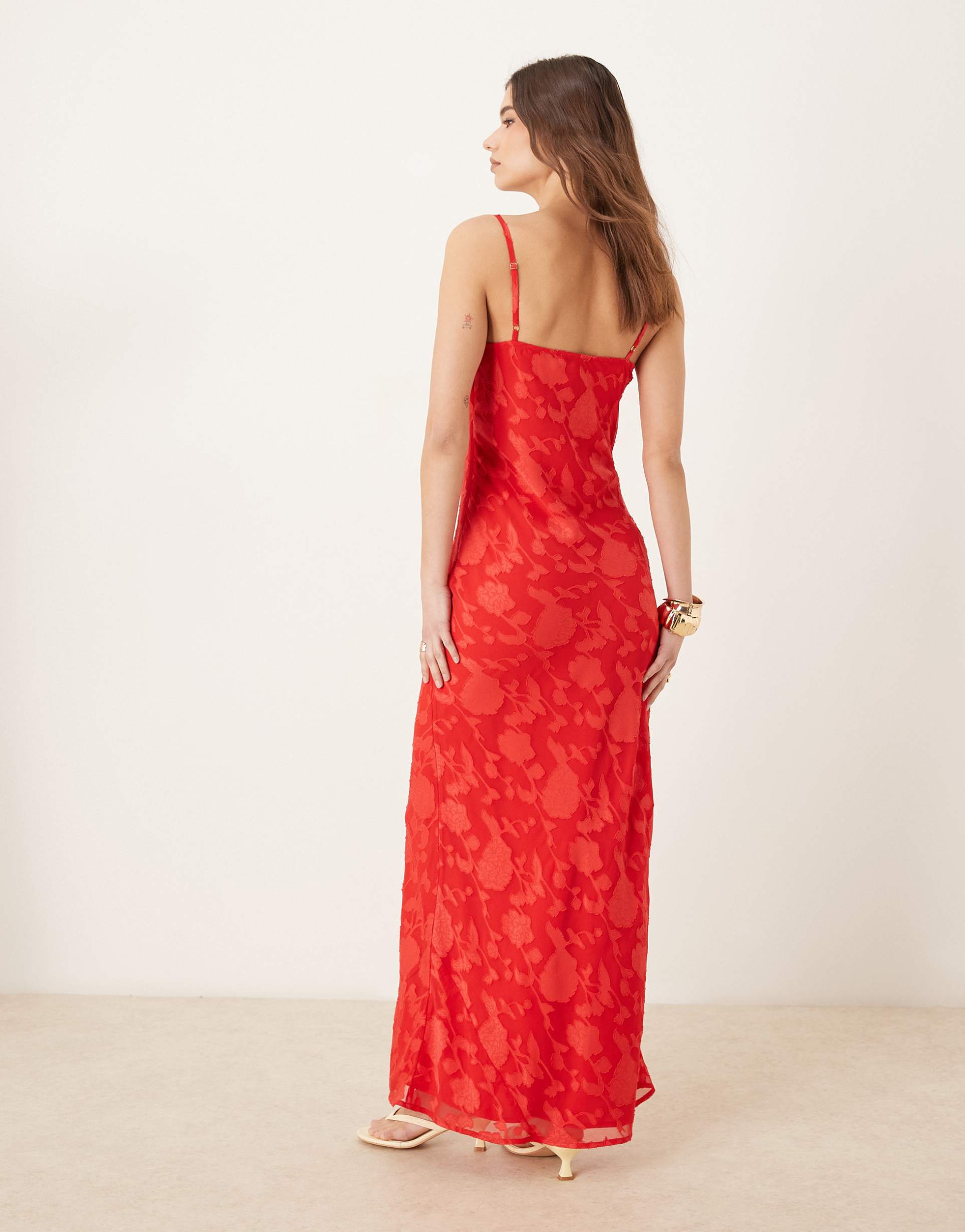 pretty lavish cowl neck jacquard slip maxi dress in red