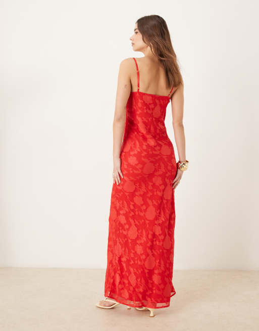 Pretty Lavish cowl neck jacquard slip maxi dress in red, 3 of 4