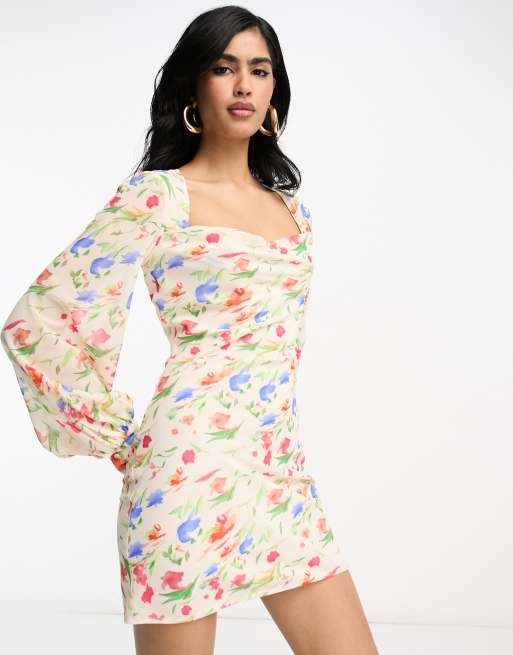 Pretty Lavish cowl neck mini dress in ivory floral | ASOS