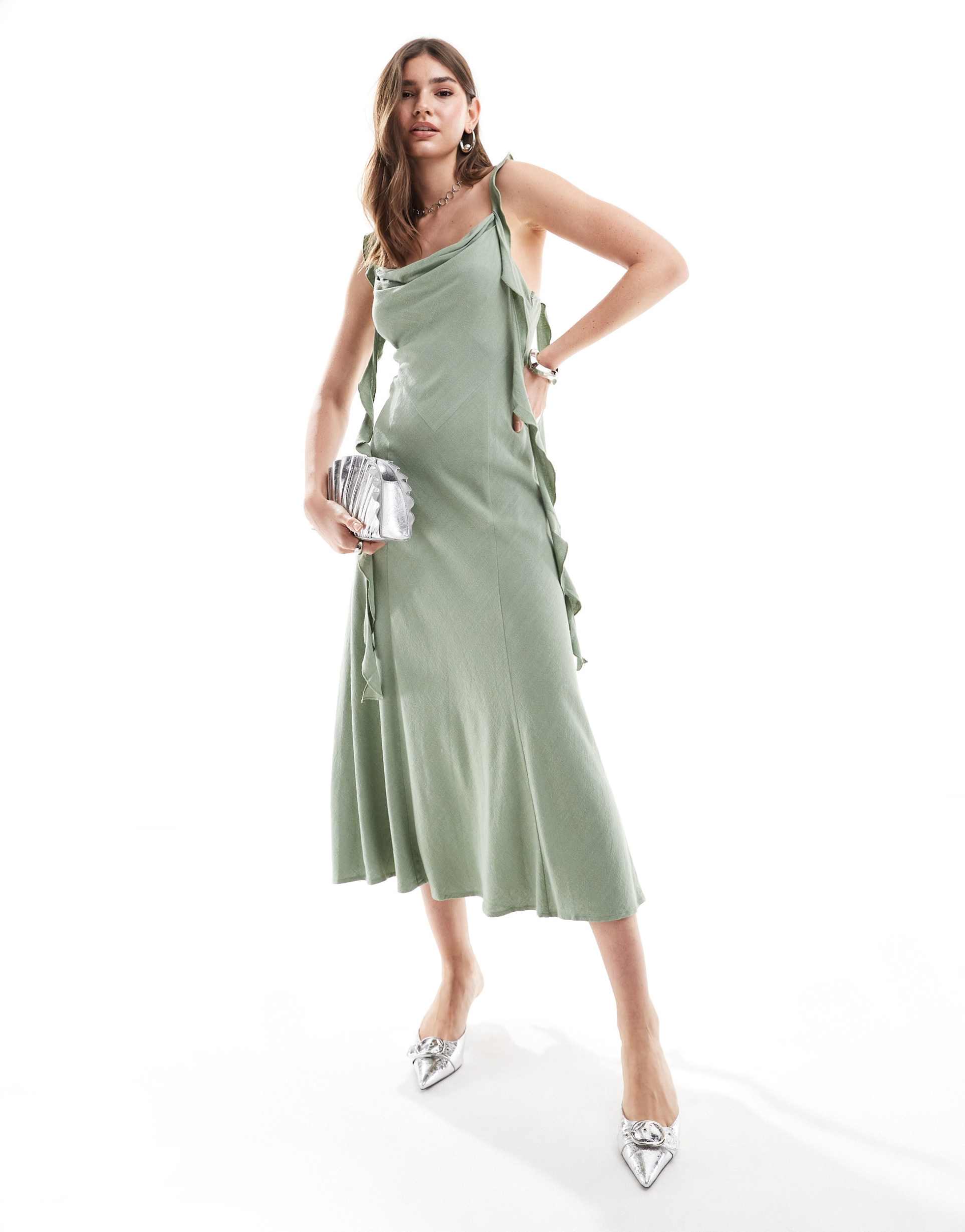 pretty lavish cowl neck ruffle drape midaxi dress in moss green