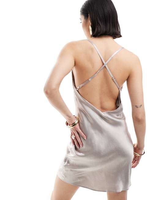 Pretty Lavish cowl neck satin slip mini dress in silver