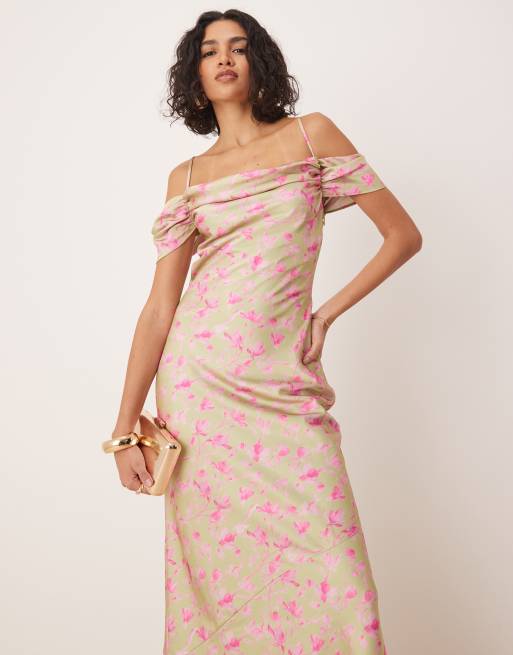 Pretty Lavish asymmetric cowl slip maxi dress in olive and fuchsia floral