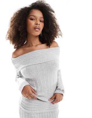 cozy bardot ribbed knit sweater in gray - part of a set