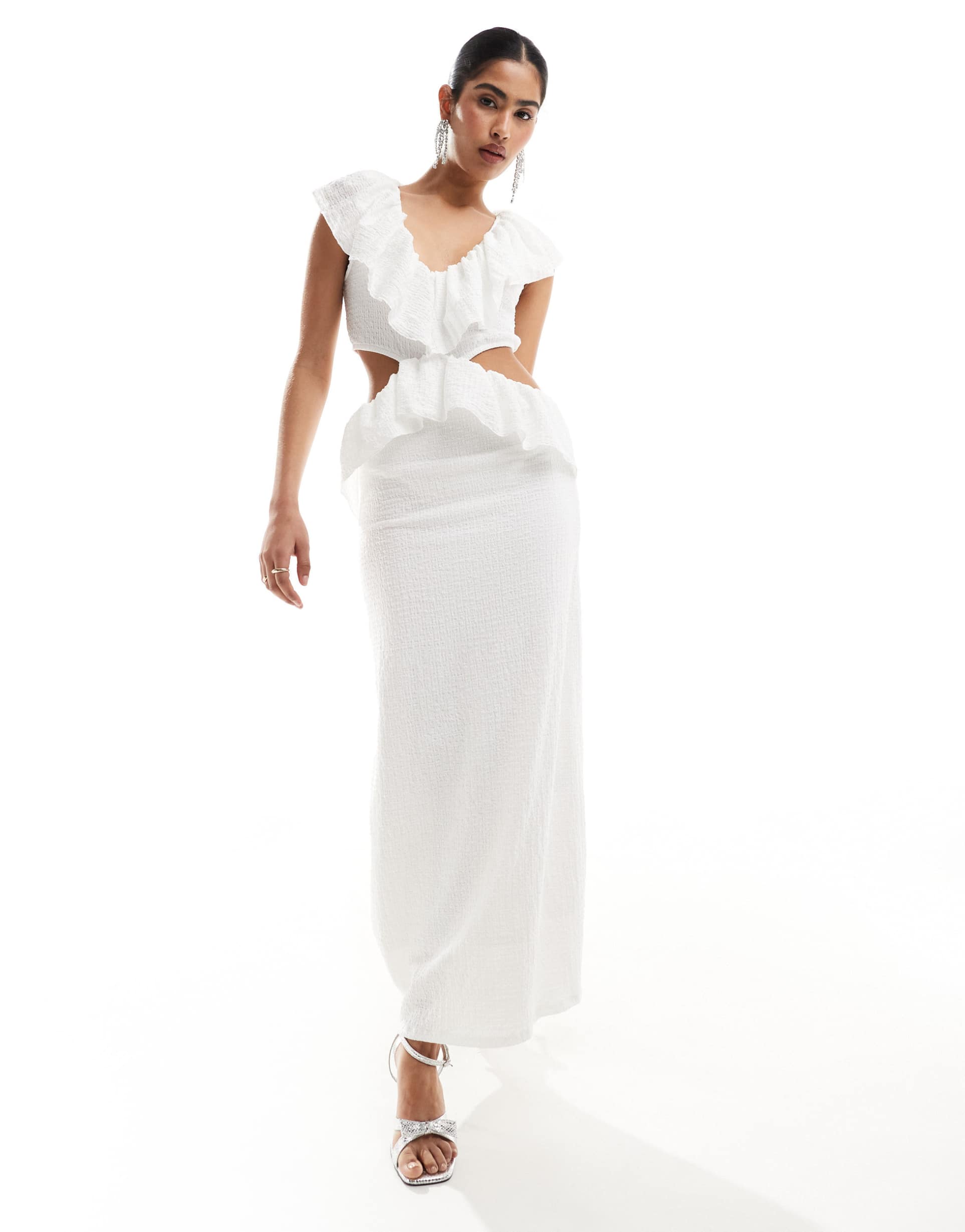 pretty lavish crinkle ruffle cut-out maxi dress in cream