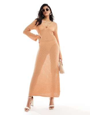 Pretty Lavish crochet knit midaxi dress in apricot