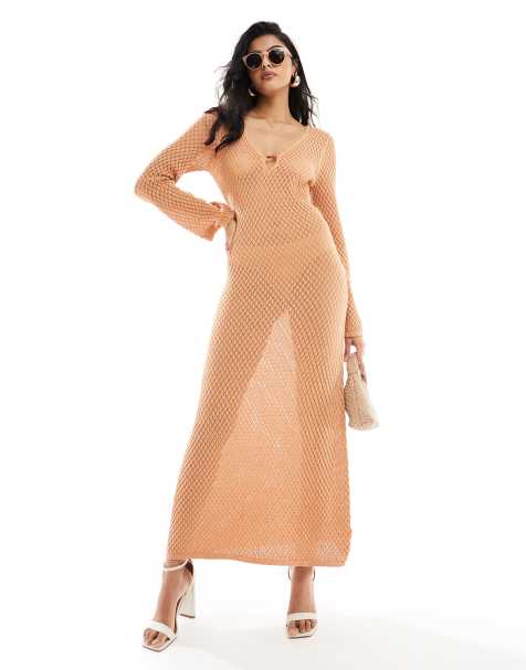 Pretty Lavish crochet knit midaxi dress in apricot - view 1