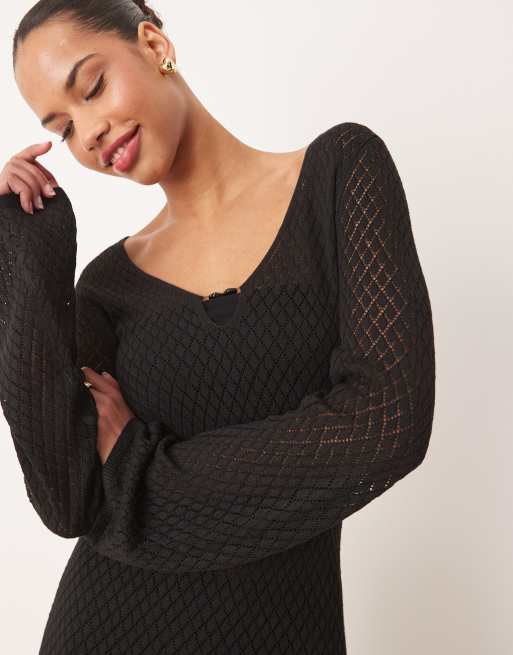 Pretty Lavish crochet knit midaxi dress in black, 2 of 4