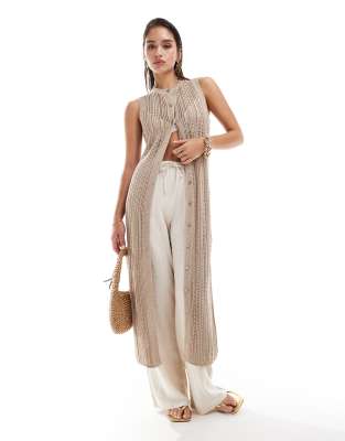 Pretty Lavish Crochet Maxi Cardigan In Beige-neutral