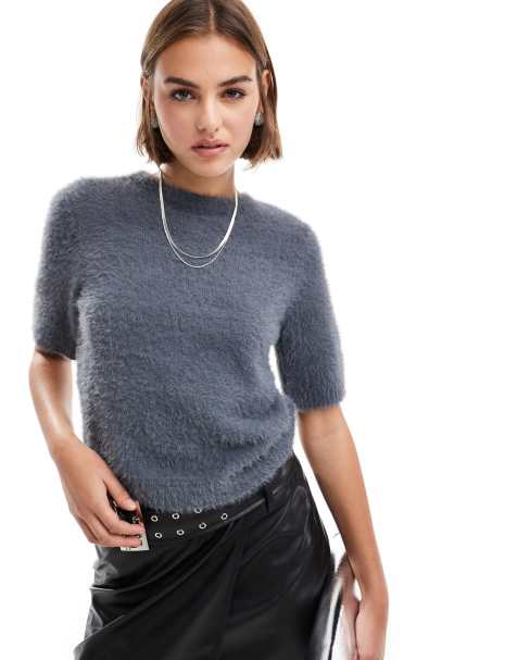 Pretty Lavish cropped knit t-shirt in charcoal