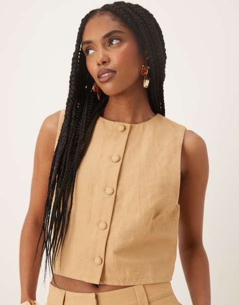 Pretty Lavish cropped linen button top in camel - part of a set - view 1