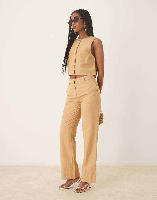 Pretty Lavish cropped linen button top in camel - part of a set, 2 of 4