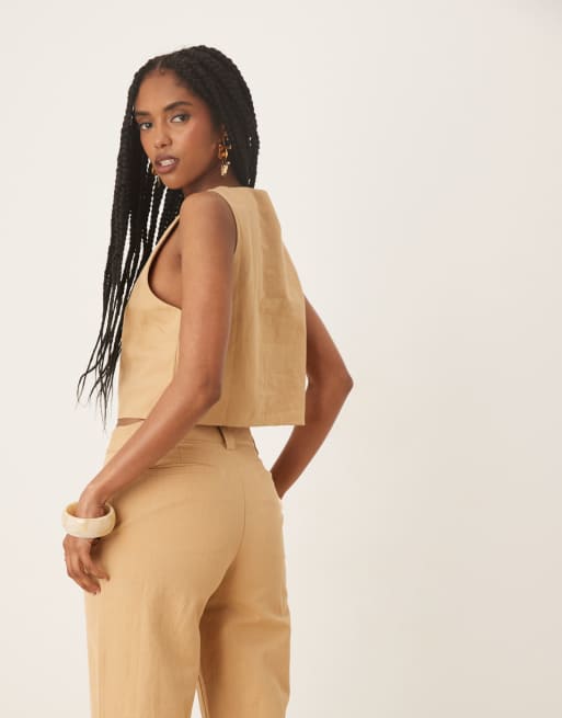 Pretty Lavish cropped linen button top in camel - part of a set, 4 of 4
