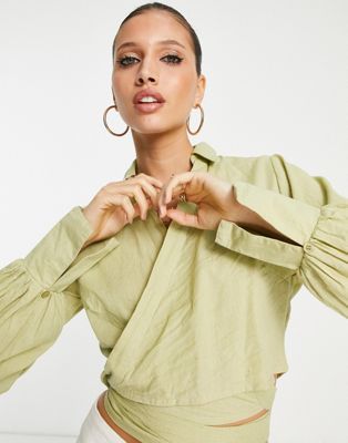 Pretty Lavish cropped wrap shirt co-ord in olive