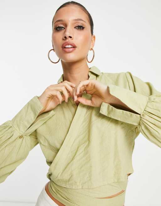 Pretty Lavish cropped wrap shirt in olive (part of a set)