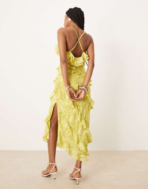 Pretty Lavish cross front ruffle midaxi dress in chartreuse, 2 of 4