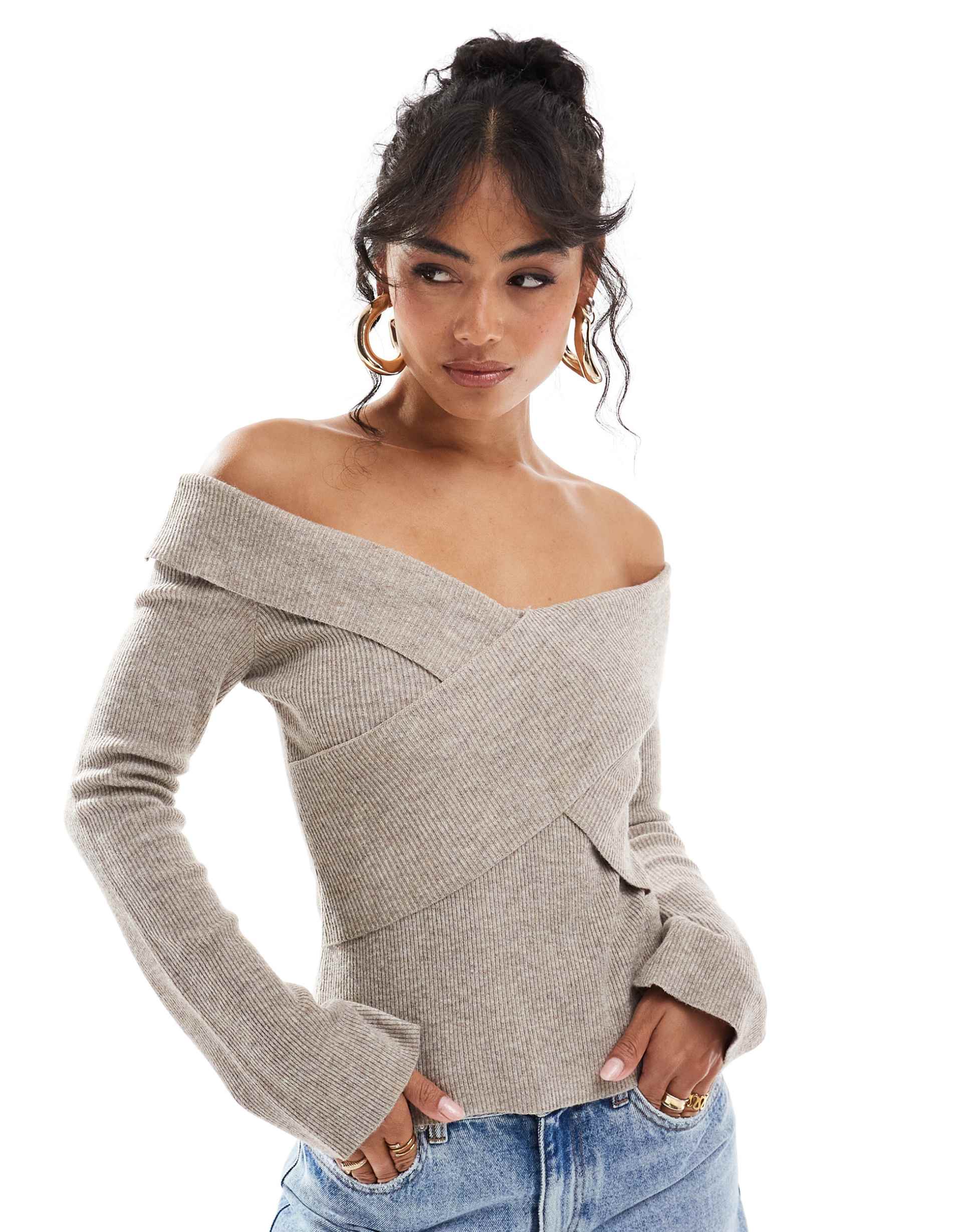 pretty lavish cross over knit top in beige